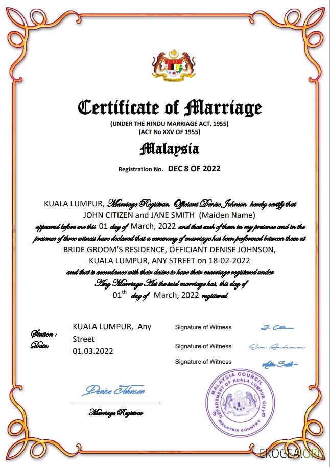 Modèle Word et PDF de certificat de mariage en Malaisie